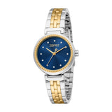 ESPRIT women's watch with a silver-toned and gold-toned link bracelet, blue dial, gold-toned bezel, and crystal hour markers.