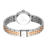 Women's watch with a silver-toned case and a two-tone metal link bracelet in silver-toned and rose-gold-toned. Silver-toned c