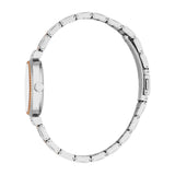 Silver-toned women's watch with a white face, rose gold-toned beaded bezel, and a silver-toned link bracelet with rose gold-t