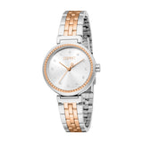 Esprit women's watch with a silver dial, rose gold-toned bezel, and two-tone silver and rose gold-toned metal link bracelet.