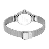 Silver-toned watch with a round case, mesh strap, and clasp engraved with 'ESPRIT'. The case back is stainless steel.