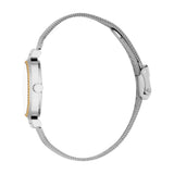 Round watch with a white face, gold-toned ridged bezel, silver-toned case, and a silver-toned mesh band with an adjustable cl