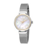Silver-toned Esprit women's watch with a round case, silver mesh strap, white mother-of-pearl dial, and gold-toned accents.