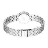 Back view of a silver-toned watch with a round case and a metal bracelet featuring wavy links and a woven pattern.
