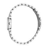 Silver-toned women's watch with a round case, clear stones on the bezel, and a metal link bracelet with a fold-over clasp.