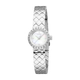 Silver-toned Esprit women's watch with a round case, crystal-embellished bezel, mother-of-pearl dial, and quilted metal brace