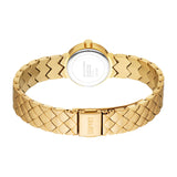 Back view of a gold-toned watch with a round case, silver-toned back, and a metal bracelet with zig-zag and woven links. Espr