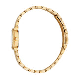 Gold-toned watch with a round case, white face, and studded bezel. It has a gold-toned metal link bracelet with small stud de