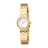 Gold-toned Esprit women's watch with a round case, mother-of-pearl dial, crystal-embellished bezel, and quilted link bracelet