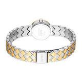 Watch with gold-toned bezel, silver-toned case back. Two-tone metal bracelet has wavy silver-toned links and gold-toned and s