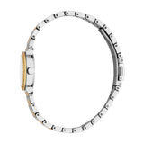 Silver-toned watch with a round case, textured gold-toned bezel, and silver-toned crown. Two-toned metal link bracelet.