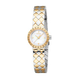 Esprit women's watch with a silver-toned and gold-toned diamond-patterned link bracelet, gold-toned embellished bezel, and wh