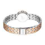 Silver-toned watch with rose gold-toned bezel. Bracelet with silver-toned and rose gold-toned checkerboard links. Esprit logo