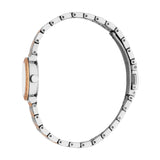 Two-toned watch with a silver-toned case, rose-gold-toned crystal-studded bezel, white dial, and a silver-toned and rose-gold