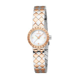Esprit women's watch with a silver-toned and rose gold-toned patterned metal bracelet, mother-of-pearl dial, and crystal-embe