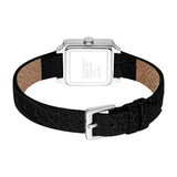 Back view of a women's watch with a silver-toned rectangular case and a black crocodile-embossed strap with a silver-toned bu