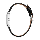 Silver-toned rectangular watch with a black crocodile-embossed leather strap and a silver-toned pin buckle.