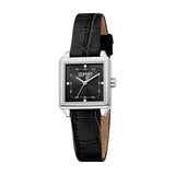 Esprit women's watch with a silver-toned square case, black dial, and black crocodile-embossed leather strap.