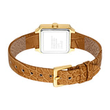 Gold-toned rectangular watch with a brown crocodile-embossed strap and gold-toned buckle. The watch back is silver-toned.