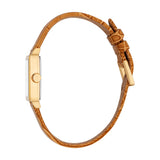 Gold-toned rectangular watch with a tan crocodile-embossed leather strap and a gold-toned pin buckle.