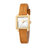 Women's watch with a gold-toned square case, white dial, and light brown crocodile-embossed strap.