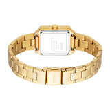 Back view of a gold-toned rectangular watch with a metal link bracelet and fold-over clasp. The silver-toned case back shows