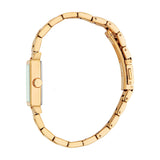 Gold-toned women's watch with a rectangular case, light blue face, a side crown, and a metal link bracelet.