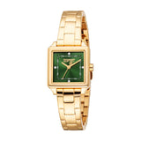 Esprit women's watch with a gold-toned square case, green dial, and gold-toned link bracelet.