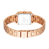 Rose gold-toned rectangular watch with a metal link bracelet and fold-over clasp. Silver-toned case back with engraved text.