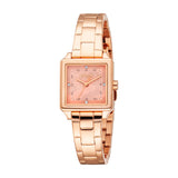 Rose gold-toned women's watch with a square case, iridescent pink dial, and link bracelet.