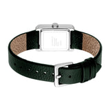 Back view of a rectangular silver-toned watch with a dark green textured leather strap, light brown interior, and silver-tone