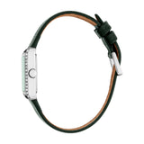 Rectangular silver-toned watch with light green face, crystal-accented side, and dark green leather strap with silver-toned b