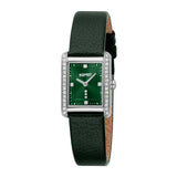 Esprit women's watch with a dark green pebbled leather strap and a rectangular silver-toned case with clear stones, dark gree