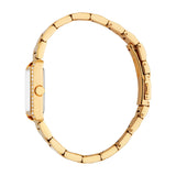 Gold-toned rectangular watch with a white dial, crystal-embellished bezel, and a gold-toned metal link bracelet with a fold-o