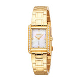 Gold-toned women's watch with a rectangular case, mother-of-pearl effect dial, and clear stones on the bezel.