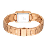 Rose gold-toned rectangular watch, back view. Features a link bracelet with an Esprit-engraved fold-over clasp. Silver-toned