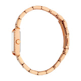 Rose gold-toned rectangular watch with clear stones on the case sides, a white dial, and a link bracelet with a clasp.