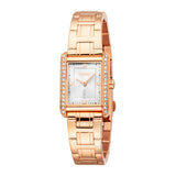 Rose gold-toned women's watch with a rectangular case, crystal-embellished bezel, and a light-coloured dial with three crysta