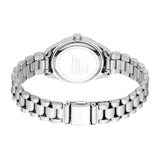 Silver-toned metal watch with a round case back and a link bracelet. The case back and fold-over clasp are engraved with 'ESP