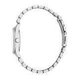 Silver-toned women's watch with a round case, fluted bezel, white dial with three clear stones, and a curved link bracelet.