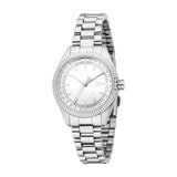 Silver-toned Esprit women's watch with a metallic link bracelet, crystal-embellished dial, and fluted bezel.