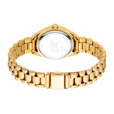 Gold-toned link bracelet watch with a round case, visible silver-toned stainless steel back, and an engraved clasp.