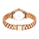 Rose gold-toned watch with a metal link bracelet and a silver-toned stainless steel back. The clasp is engraved with 'ESPRIT'