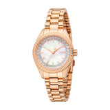 Rose gold-toned women's watch with a round case, fluted bezel, mother-of-pearl dial, and crystal hour markers.