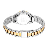 Silver-toned watch with a two-tone metal link bracelet: silver-toned outer links, gold-toned inner links. Silver-toned clasp.