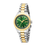 Esprit women's watch with a silver and gold-toned two-tone metal bracelet, green dial, and crystal hour markers.