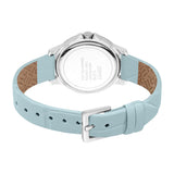 Back view of a silver-toned watch with a light blue leather strap, silver-toned buckle, and a stainless steel case back.