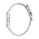 Women's watch with a silver-toned case, white dial, and light blue textured leather-look strap with a silver-toned buckle.