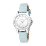 Esprit women's watch with a silver-toned round case, light blue textured leather strap, and crystal hour markers.