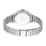 Back view of a silver-toned women's watch with a round case and a metal link bracelet. Esprit logo on the clasp.